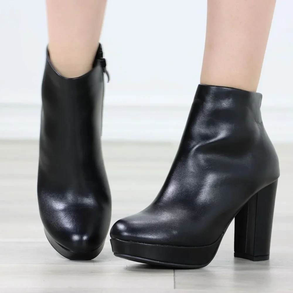 Womens Chunky Platform High Heeled Bootie Zip Up Black Ankle Boots Block Heel - Picture 9 of 15